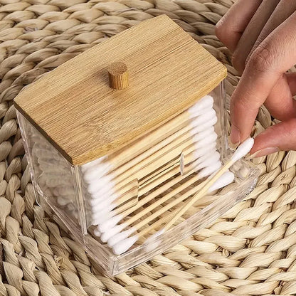 Porta Cotonete em Acrílico Cristal Tampa de Bambu Organizador Banheiro Multiuso