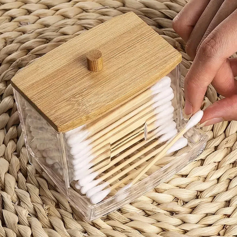 Porta Cotonete em Acrílico Cristal Tampa de Bambu Organizador Banheiro Multiuso