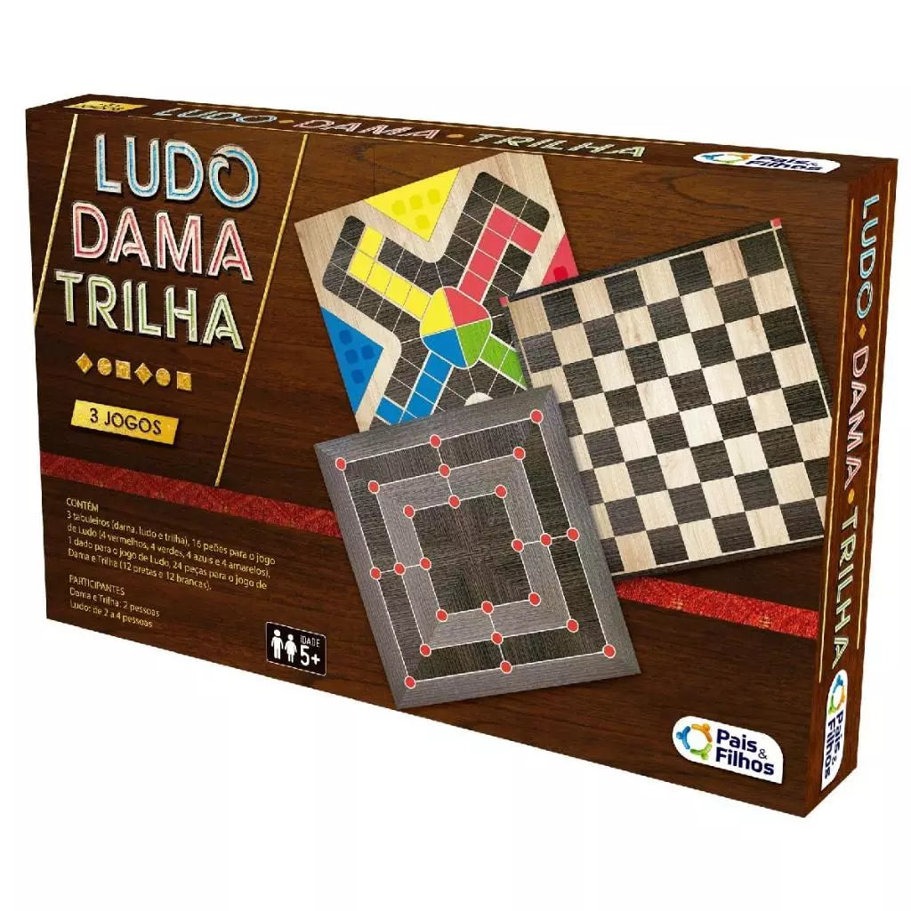 Jogo de Tabuleiro Damas Ludo e Trilha Pais e Filhos