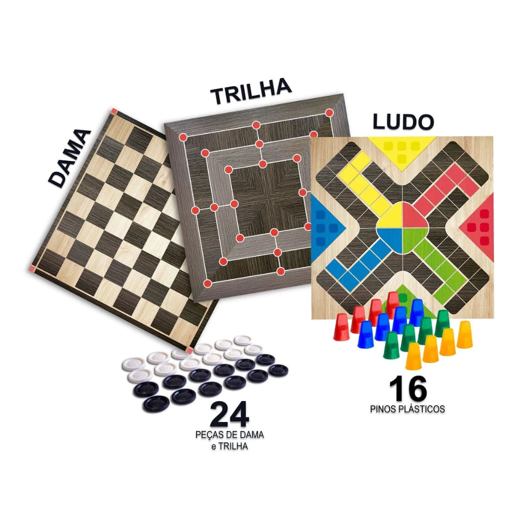 Jogo de Tabuleiro Damas Ludo e Trilha Pais e Filhos