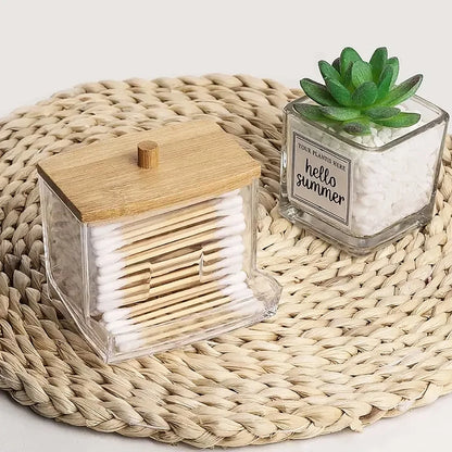 Porta Cotonete em Acrílico Cristal Tampa de Bambu Organizador Banheiro Multiuso