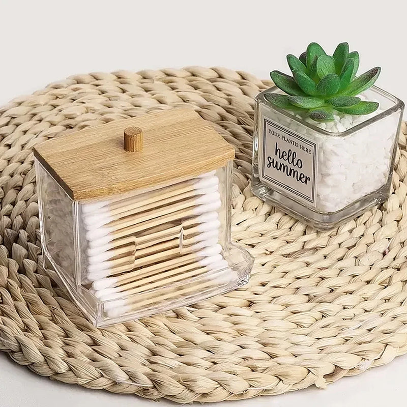 Porta Cotonete em Acrílico Cristal Tampa de Bambu Organizador Banheiro Multiuso