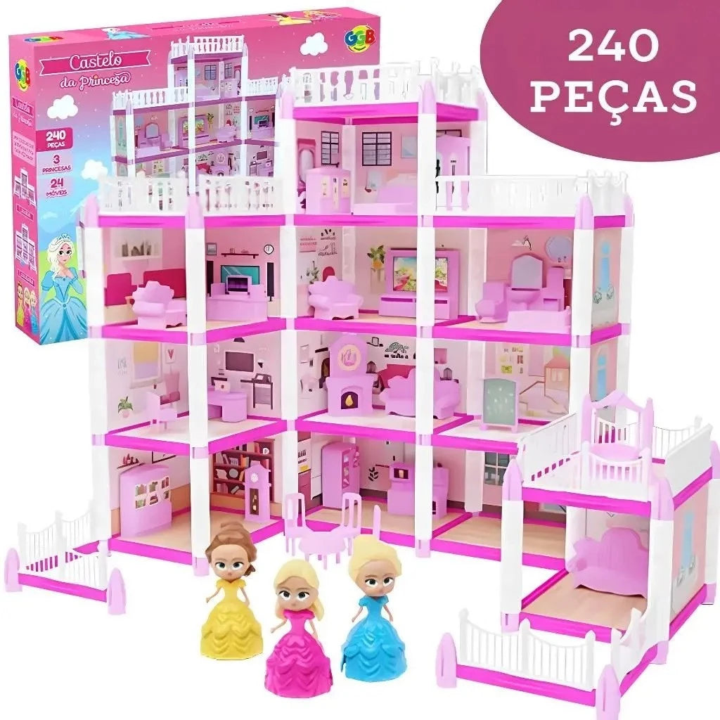 Casinha de Boneca Castelo da Princesa 240 peças com 3 bonecas - GGB Plast